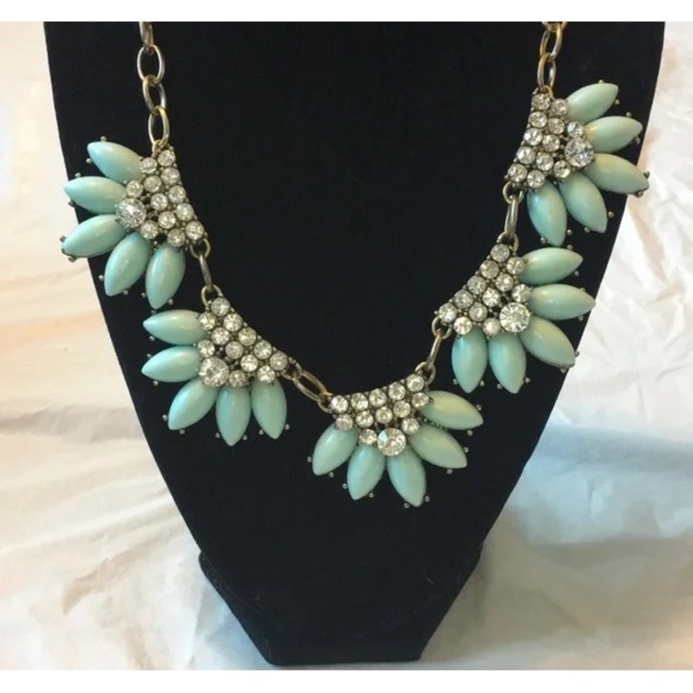 J Crew Statement Necklace. Signed. Light blue petals with clear Rhinestones.